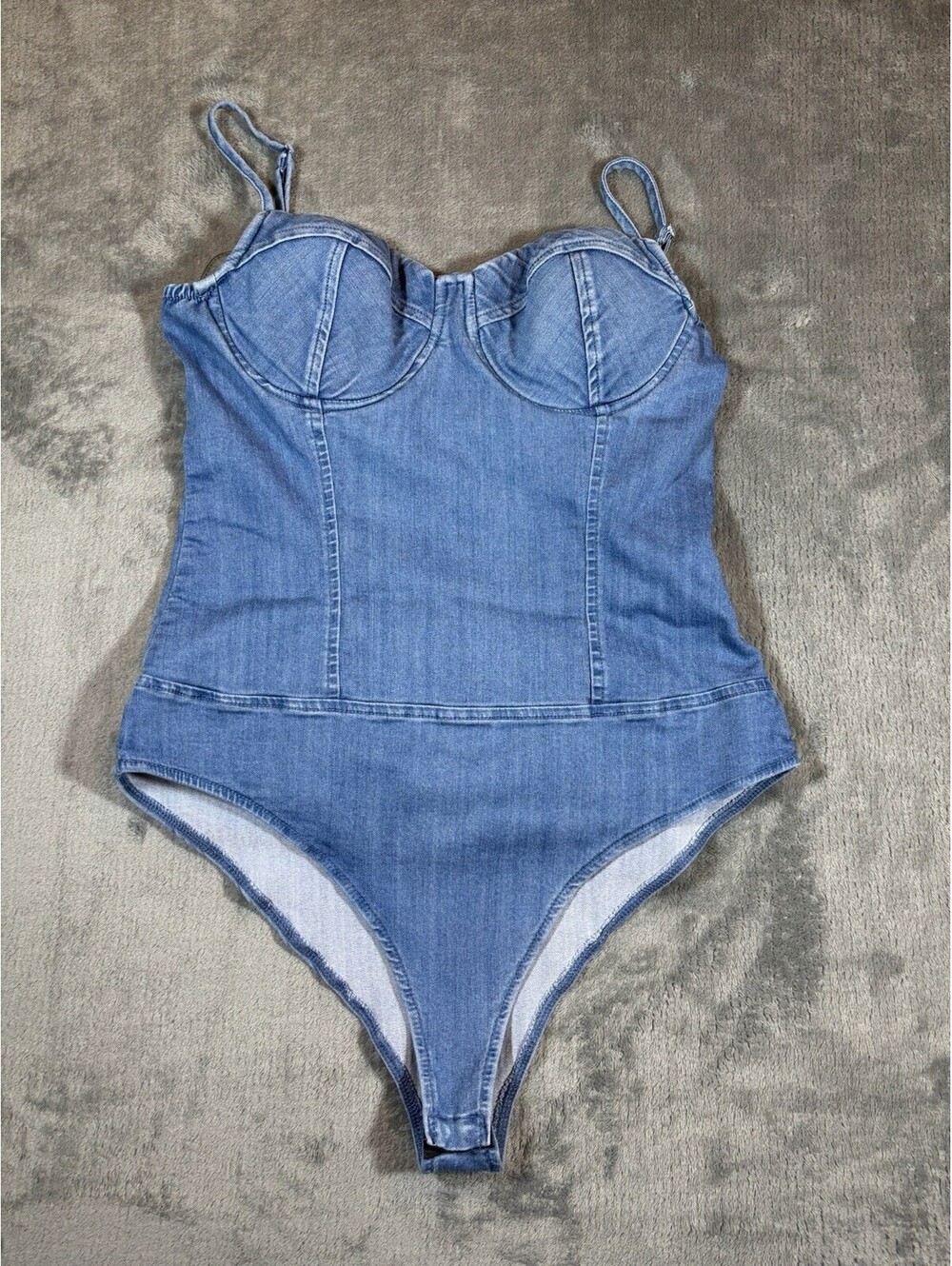 Haute Monde Bodysuit Light Wash Denim Bustier Size L Stretch Festival Boho